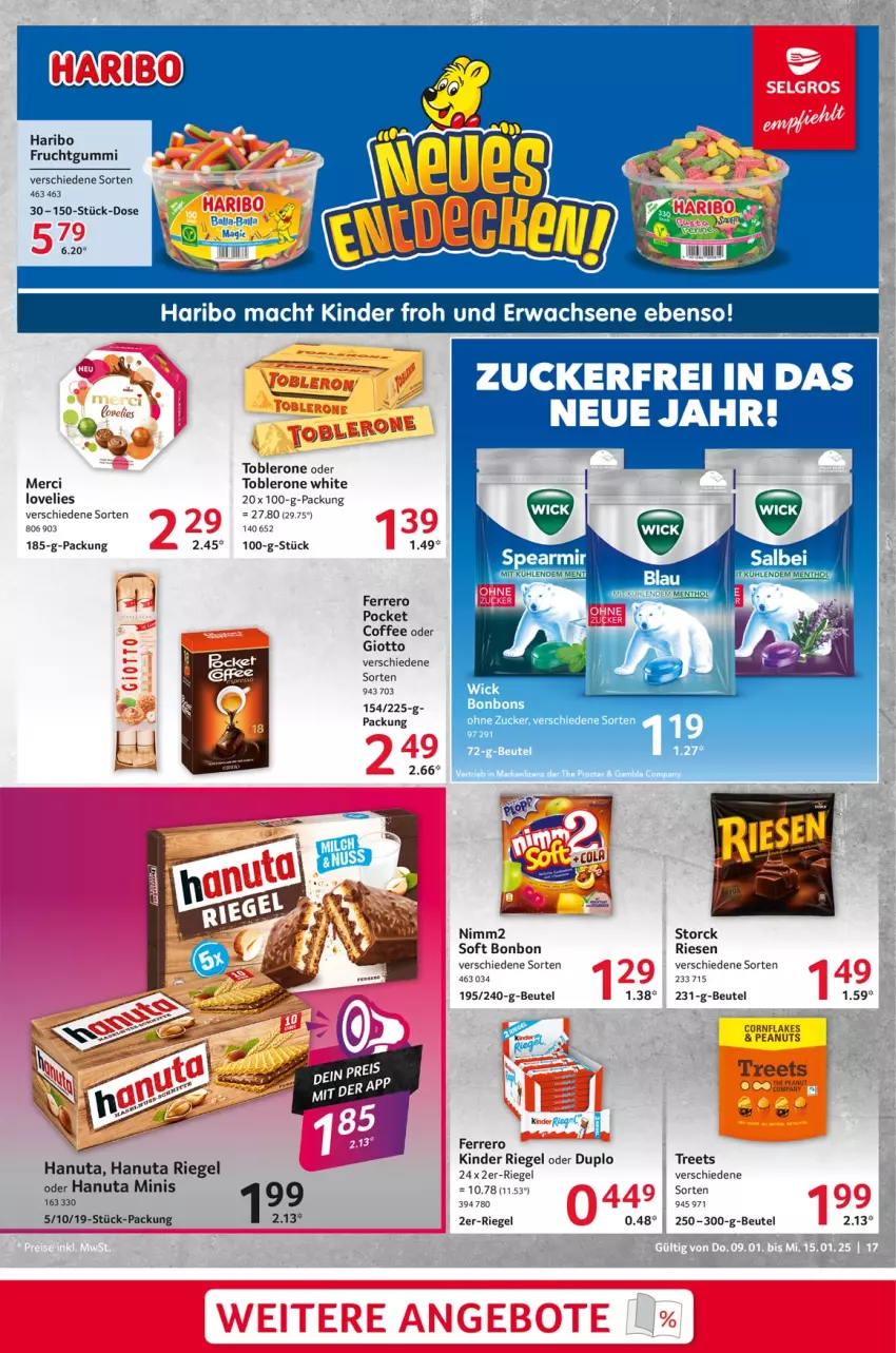 Aktueller Prospekt Selgros - Food - von 09.01 bis 15.01.2025 - strona 17 - produkty: beutel, bonbons, duplo, ferrero, flakes, frucht, fruchtgummi, giotto, hanuta, haribo, Kinder, kinder riegel, merci, nimm2, rel, riegel, storck, toblerone, WICK, zucker