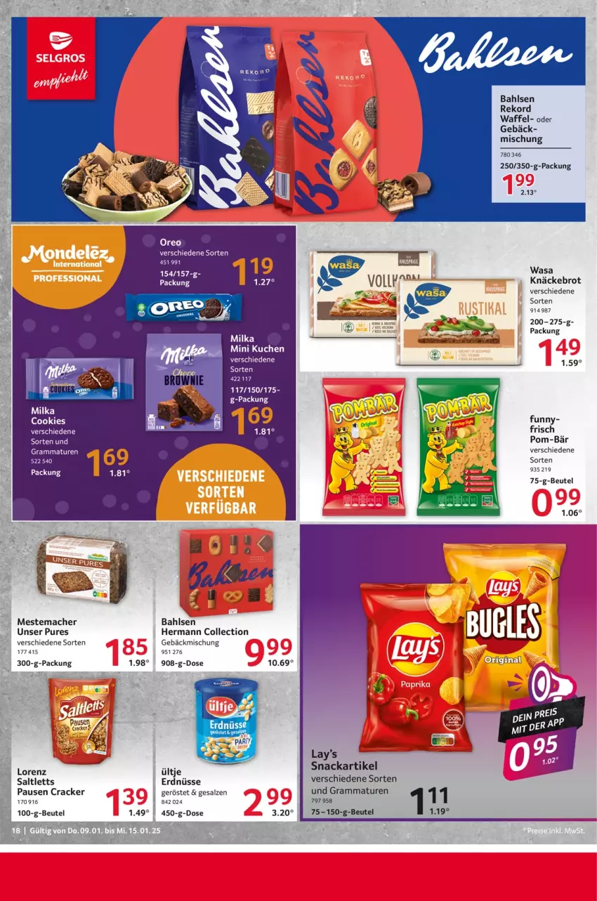 Aktueller Prospekt Selgros - Food - von 09.01 bis 15.01.2025 - strona 18 - produkty: bahlsen, beutel, brot, cookie, cookies, cracker, erdnüsse, gebäckmischung, knäckebrot, kuchen, lays, mac, mestemacher, milka, oreo, pom-bär, saltletts, salz, snack, Ti, ültje, wasa