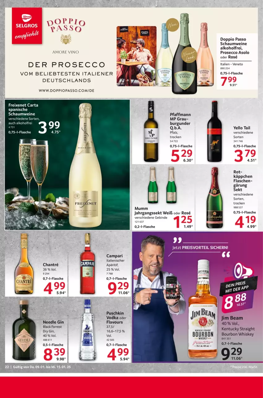 Aktueller Prospekt Selgros - Food - von 09.01 bis 15.01.2025 - strona 22 - produkty: alkohol, aperitif, bourbon, bourbon whiskey, burgunder, campari, doppio passo, dry gin, ecco, flasche, freixenet, gin, jahrgangssekt, kentucky straight, lack, mumm, passo, prosecco, sekt, Ti, tuc, vodka, wein, weine, whiskey