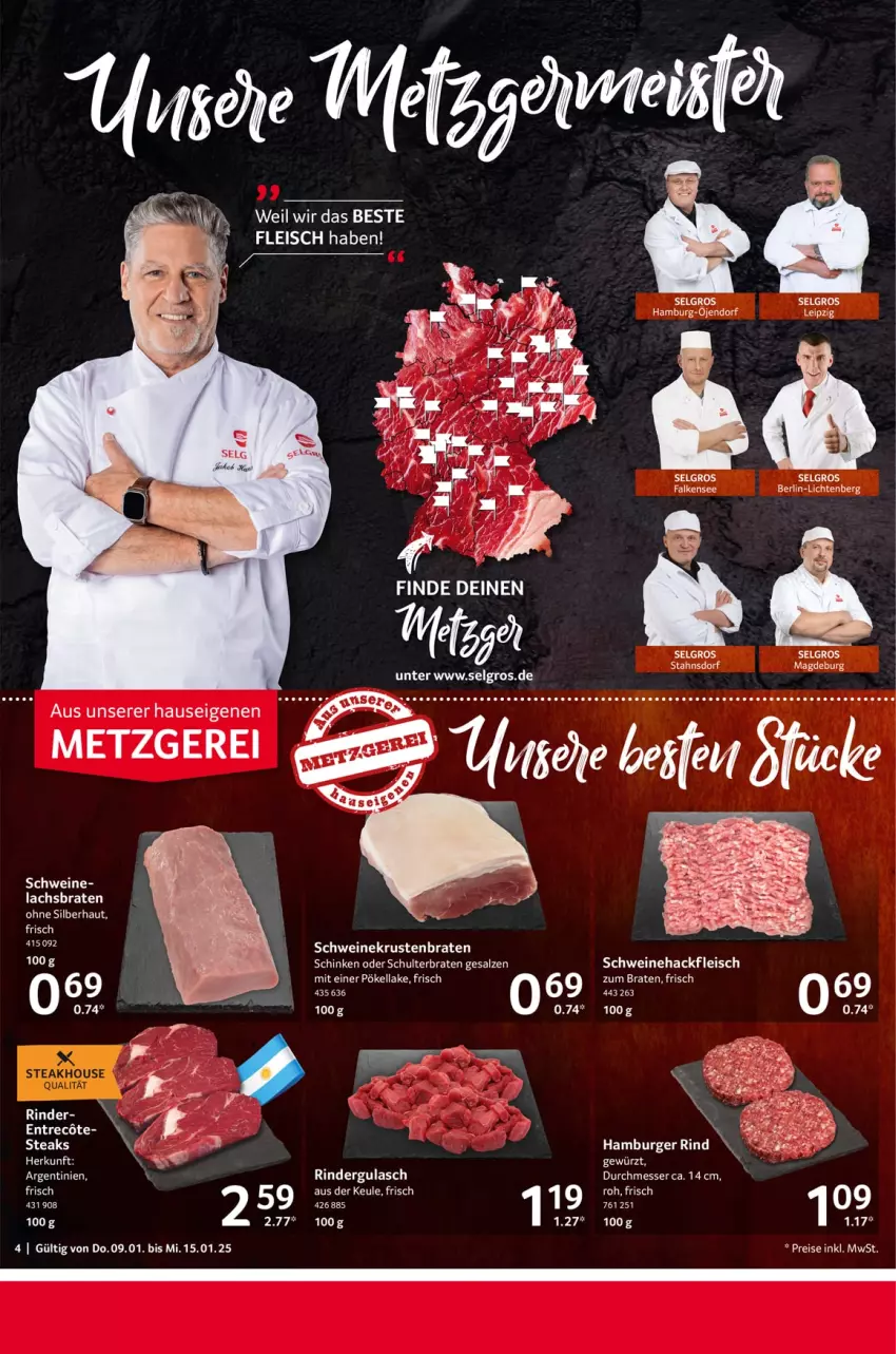 Aktueller Prospekt Selgros - Food - von 09.01 bis 15.01.2025 - strona 4 - produkty: braten, burger, eis, fleisch, gewürz, gulasch, hamburger, krustenbraten, lachs, Lachsbraten, LG, messer, reis, rind, rinder, rindergulasch, salz, schinken, schwein, schweine, steak, steaks, Ti, wein, weine