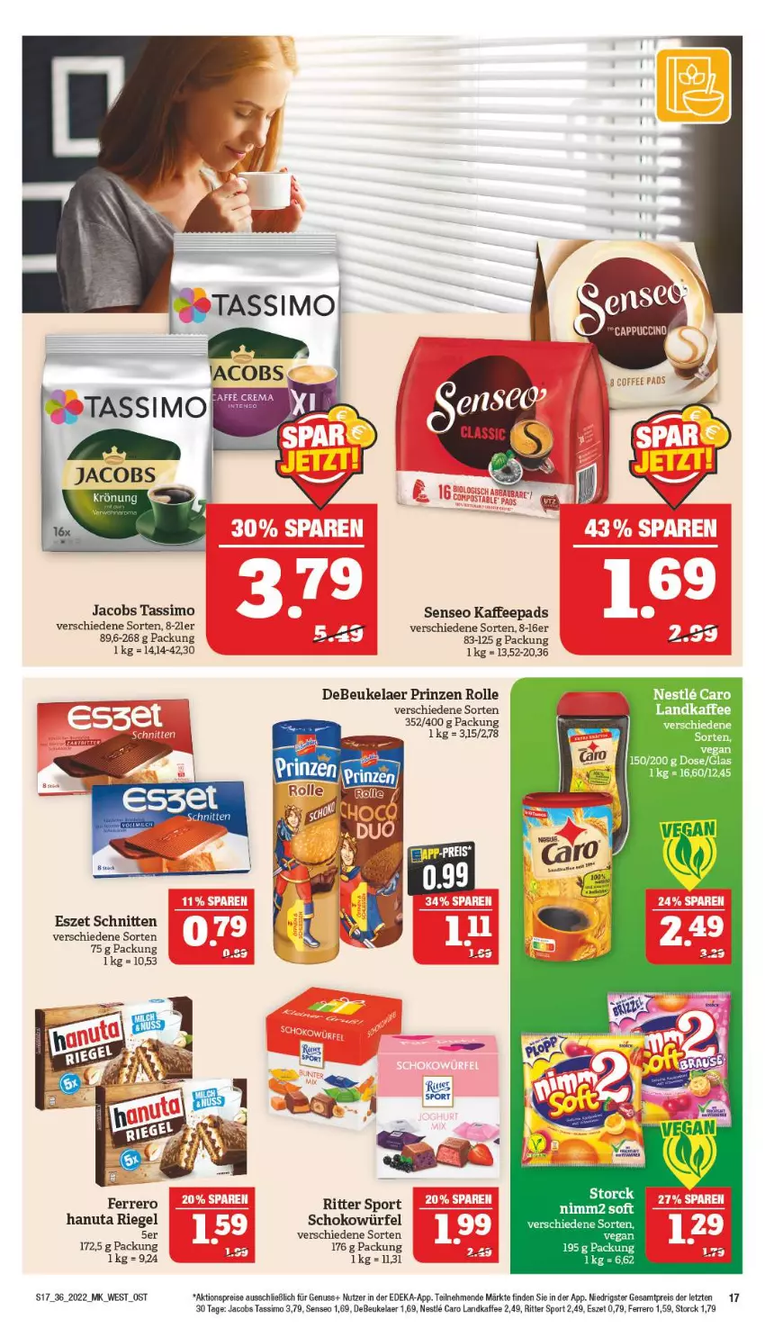 Aktueller Prospekt Marktkauf - Prospekt - von 04.09 bis 10.09.2022 - strona 17 - produkty: aktionspreis, debeukelaer, deka, eis, ferrero, hanuta, jacobs, jacobs tassimo, kaffee, kaffeepads, ndk, nimm2, nuss, prinzen rolle, reis, riegel, ritter, ritter sport, schnitten, schoko, schokowürfel, senseo, sim, Sport, storck, tassimo, Ti, würfel, ZTE