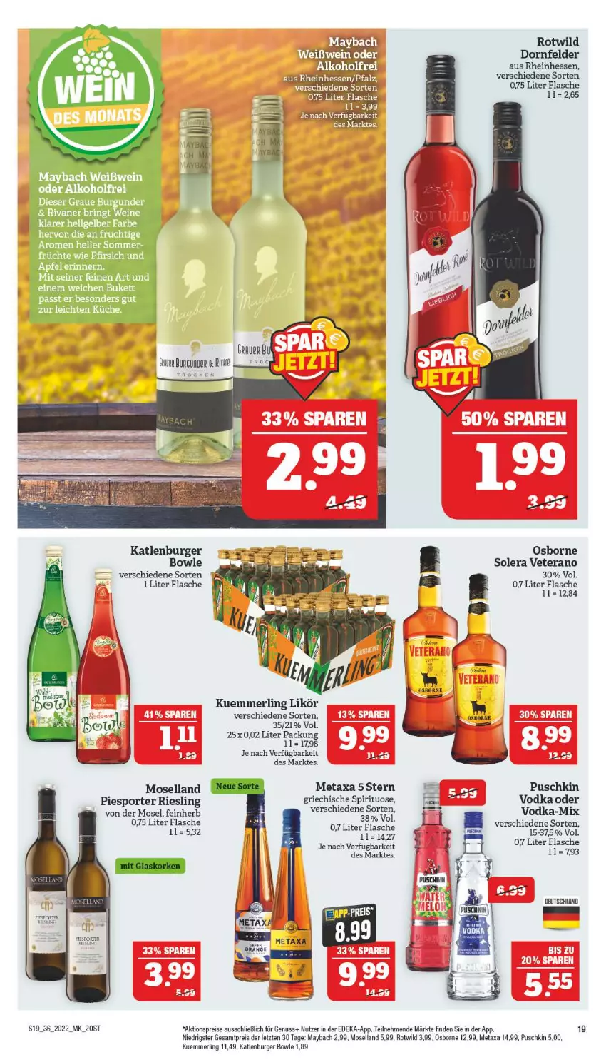 Aktueller Prospekt Marktkauf - Prospekt - von 04.09 bis 10.09.2022 - strona 19 - produkty: aktionspreis, bowle, burger, deka, dornfelder, eis, flasche, katlenburger, kuemmerling, likör, maybach, merl, Metaxa, moselland, nuss, osborne, reis, riesling, Sport, Ti, veterano, vodka, Wild, ZTE