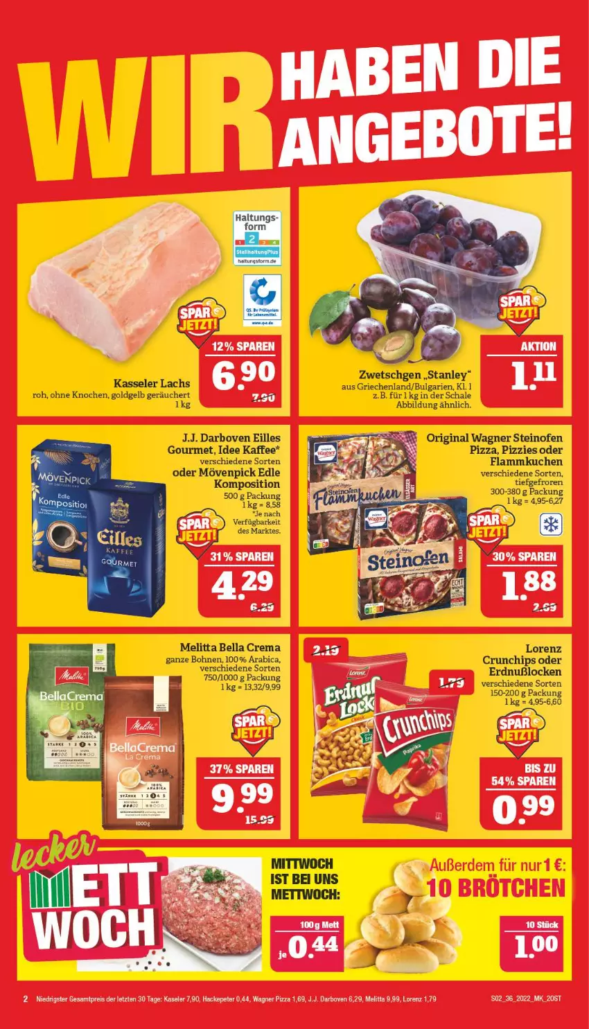 Aktueller Prospekt Marktkauf - Prospekt - von 04.09 bis 10.09.2022 - strona 2 - produkty: bella crema, bohne, bohnen, chips, crunchips, darbo, darboven, eilles gourmet, flammkuchen, gin, kaffee, kasseler, kuchen, lachs, lamm, LG, lorenz, lorenz crunchips, melitta, mövenpick, Ofen, original wagner, pizza, Schal, Schale, steinofen, steinofen pizza, tee, Ti, wagner