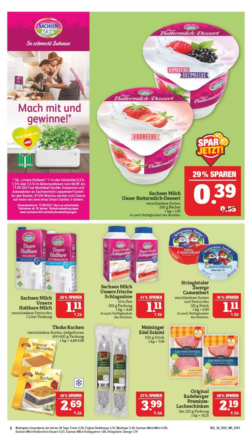 Aktueller Prospekt Marktkauf - Prospekt - von 04.09 bis 10.09.2022 - strona 38 - produkty: Becher, beere, Berger, butter, buttermilch, camembert, dessert, eis, emsa, erdbeere, fisch, fische, gin, haltbare milch, kuchen, lachs, lachsschinken, mac, mandarine, milch, radeberger, reis, sac, sahne, salami, schinken, schlagsahne, Ti, ZTE