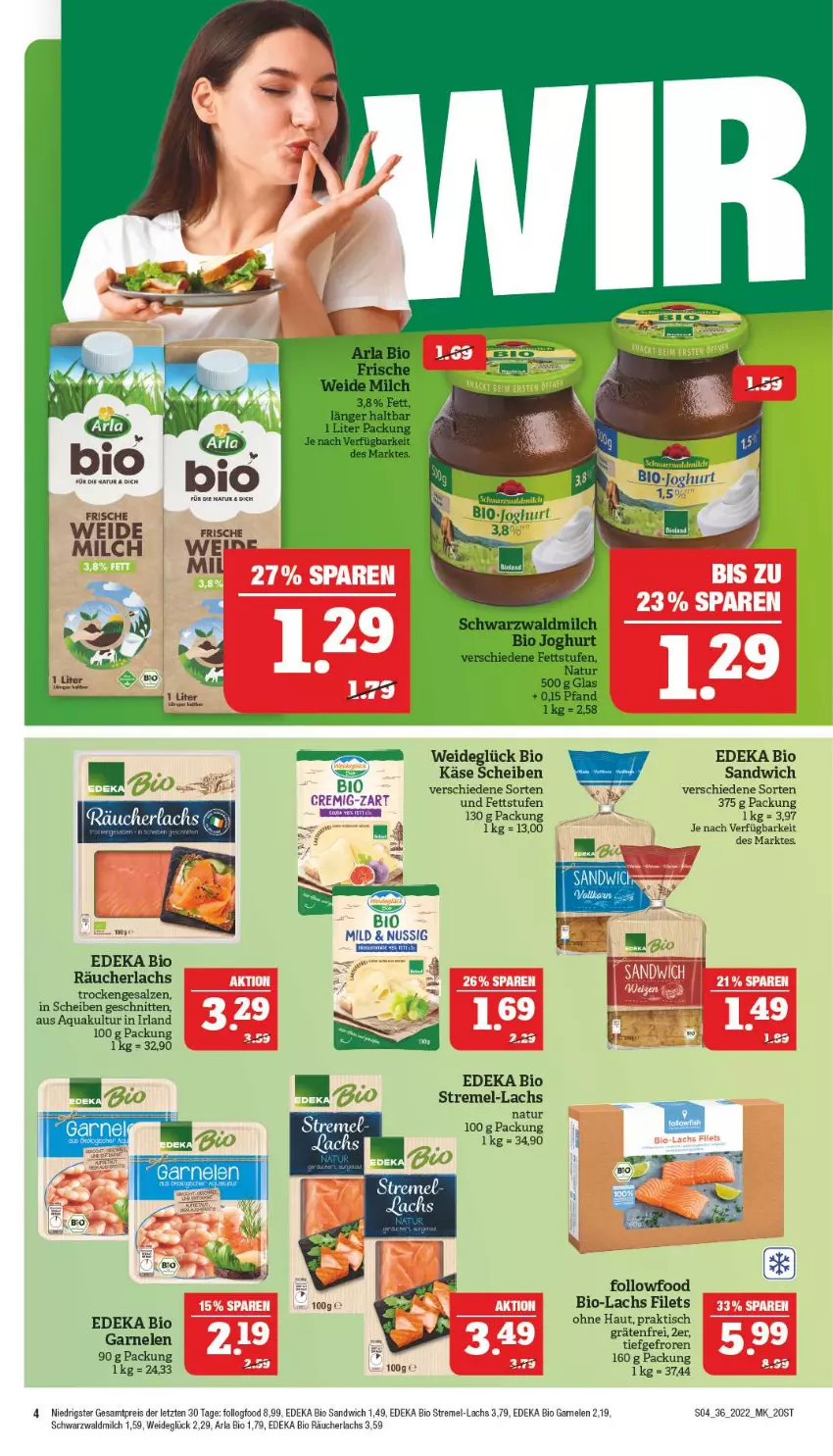 Aktueller Prospekt Marktkauf - Prospekt - von 04.09 bis 10.09.2022 - strona 4 - produkty: aqua, arla, bio, deka, edeka bio, eis, filet, filets, garnelen, Käse, lachs, milch, natur, Räucherlachs, reis, salz, sandwich, schnitten, Ti, tisch, ZTE