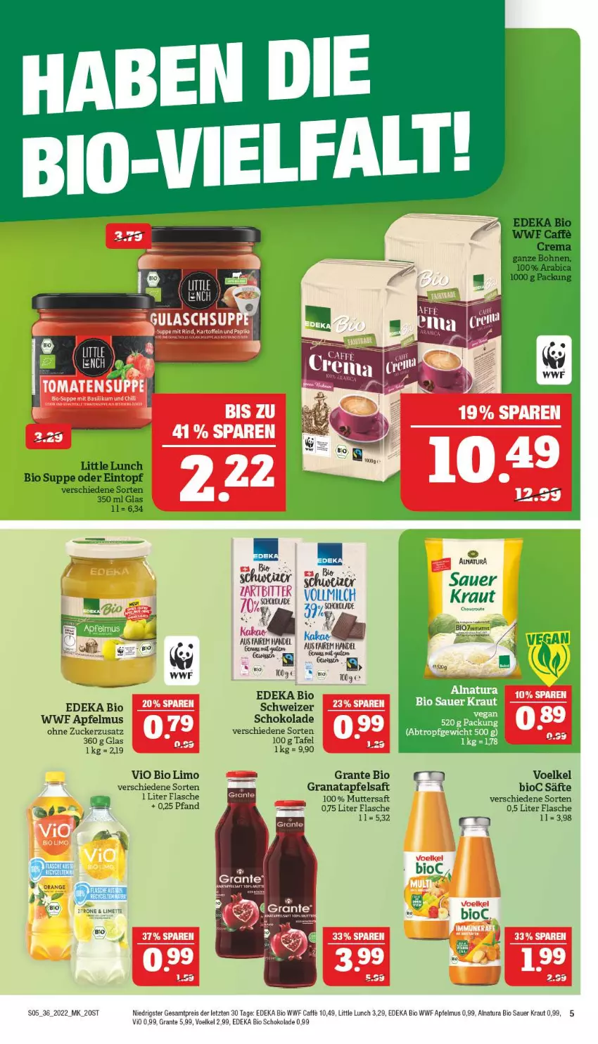 Aktueller Prospekt Marktkauf - Prospekt - von 04.09 bis 10.09.2022 - strona 5 - produkty: apfel, apfelmus, apfelsaft, auer, basilikum, bio, bio limo, deka, edeka bio, eintopf, eis, flasche, grana, granatapfel, Kraut, limette, limo, Mett, natur, natura, orange, Rana, reis, saft, säfte, schoko, schokolade, suppe, topf, vio bio limo, ZTE, zucker