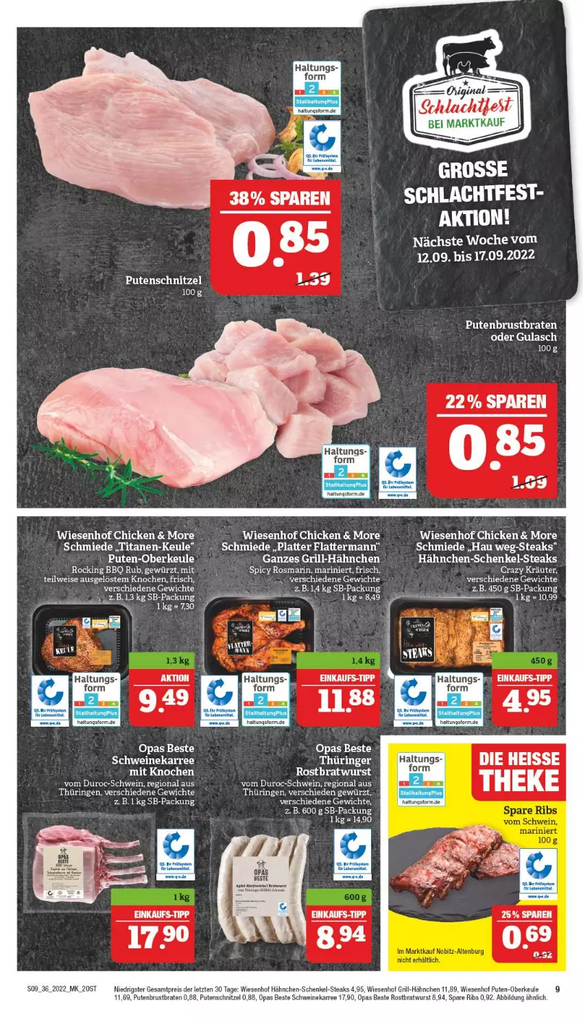 Aktueller Prospekt Marktkauf - Prospekt - von 04.09 bis 10.09.2022 - strona 9 - produkty: braten, bratwurst, eis, elle, gewürz, grill, gulasch, hähnchen-schenkel, henkel, kräuter, pute, putenbrust, putenschnitzel, reis, ring, rosmarin, rostbratwurst, schenkel, schnitzel, schwein, schweine, spare ribs, steak, steaks, thüringer rostbratwurst, Ti, wein, weine, wiesenhof, wurst, ZTE