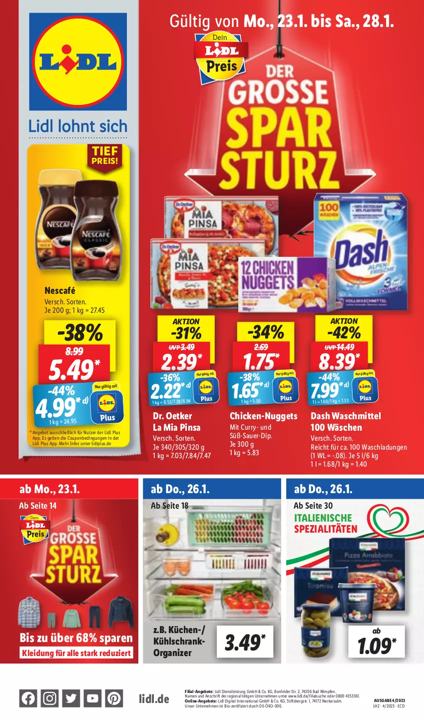 Aktueller Prospekt Lidl - Aktionsprospekt - von 23.01 bis 28.01.2023 - strona 1 - produkty: angebot, angebote, auer, Bad, bio, coupon, curry, dip, Dr. Oetker, eis, kleid, Kleidung, Nescafé, nuggets, reis, Schrank, Spezi, Ti, waschmittel