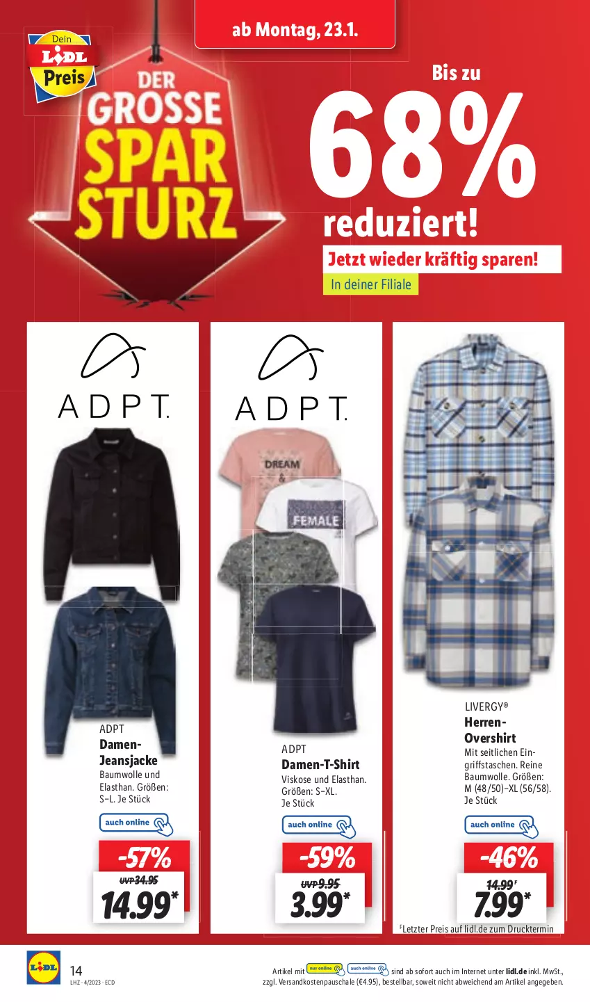 Aktueller Prospekt Lidl - Aktionsprospekt - von 23.01 bis 28.01.2023 - strona 14 - produkty: Bau, baumwolle, eis, Jacke, jeans, Jeansjacke, livergy, ndk, reine baumwolle, reis, Schal, Schale, shirt, T-Shirt, Tasche, taschen, Ti, wolle, ZTE