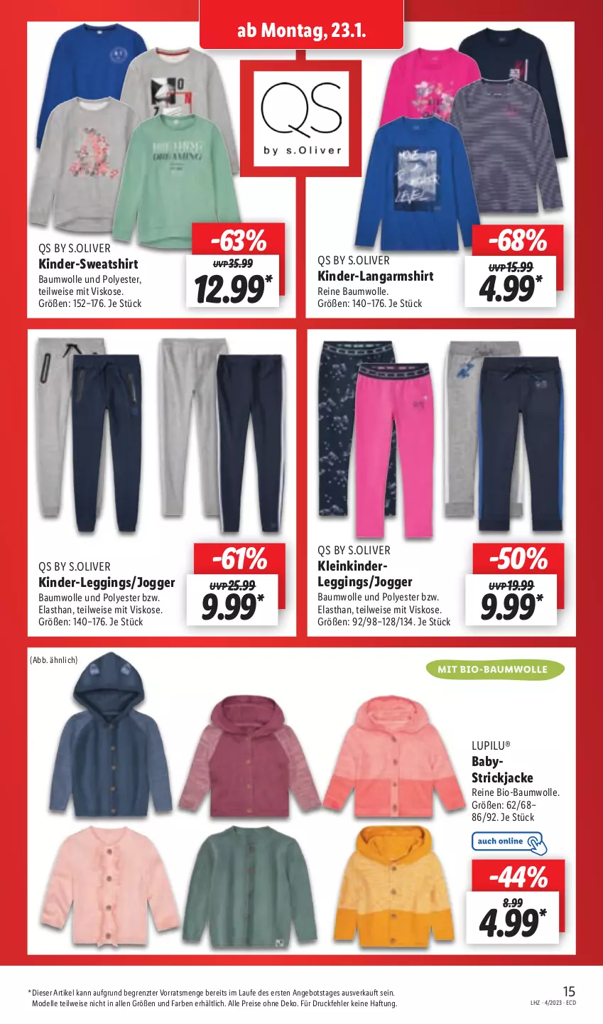 Aktueller Prospekt Lidl - Aktionsprospekt - von 23.01 bis 28.01.2023 - strona 15 - produkty: angebot, Bau, baumwolle, bio, bio-baumwolle, dell, eis, elle, gin, Jacke, Kinder, Langarmshirt, leggings, lupilu, mit bio-baumwolle, Mode, olive, reine baumwolle, reis, s.oliver, shirt, Strickjacke, Sweatshirt, Ti, wolle, ZTE