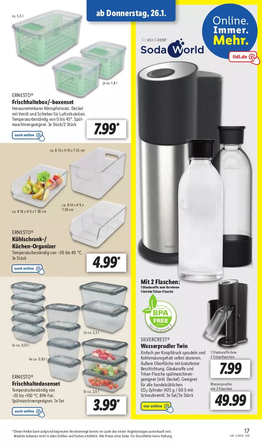 Aktueller Prospekt Lidl - Aktionsprospekt - von 23.01 bis 28.01.2023 - strona 17 - produkty: angebot, decke, Deckel, dell, eis, elle, ernesto, flasche, frischhaltedosen, glaskaraffe, Karaffe, Mode, reis, Schrank, silvercrest, Sprudel, Ti, wasser, ZTE