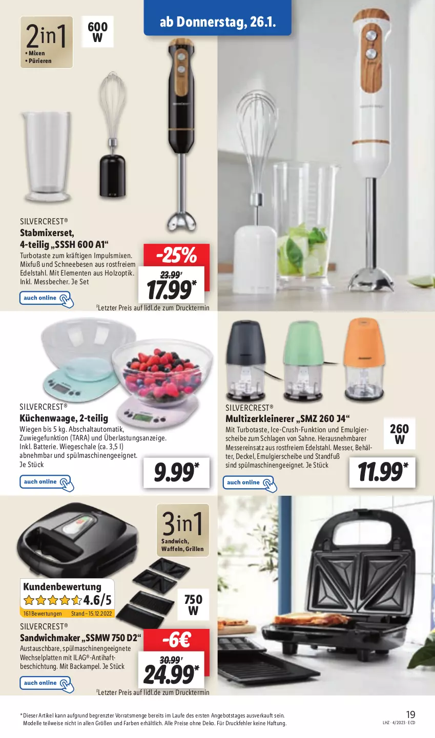 Aktueller Prospekt Lidl - Aktionsprospekt - von 23.01 bis 28.01.2023 - strona 19 - produkty: angebot, aust, auto, batterie, Becher, Behälter, decke, Deckel, dell, edelstahl, eis, elle, ente, gefu, grill, Holz, ilag, latte, leine, LG, Messbecher, messer, Mixer, Mode, reis, sahne, sandwich, Schal, Schale, Schneebesen, silvercrest, spülmaschinen, stabmixer, Ti, Waage, waffeln, Zerkleinerer, ZTE