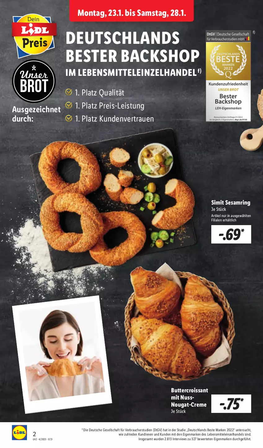 Aktueller Prospekt Lidl - Aktionsprospekt - von 23.01 bis 28.01.2023 - strona 2 - produkty: brot, butter, creme, Croissant, eis, lebensmittel, nuss, Rauch, reis, ring, sesam, Sesamring, sim, Ti