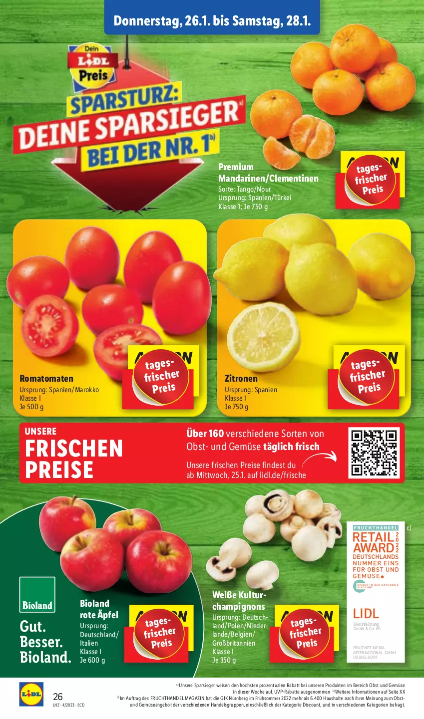 Aktueller Prospekt Lidl - Aktionsprospekt - von 23.01 bis 28.01.2023 - strona 26 - produkty: angebot, bio, bioland, brita, champignon, champignons, clementinen, discount, eis, ente, frucht, LG, magazin, mandarine, mandarinen, obst, Obst und Gemüse, reis, Romatomaten, Ti, tomate, tomaten, und gemüse, zitrone, zitronen