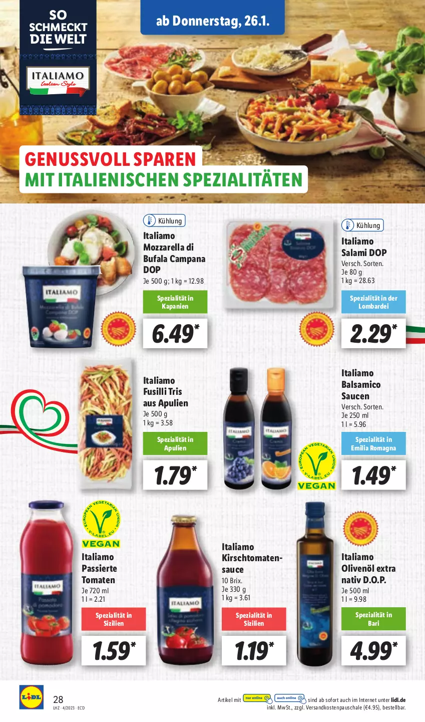 Aktueller Prospekt Lidl - Aktionsprospekt - von 23.01 bis 28.01.2023 - strona 28 - produkty: balsam, balsamico, di bufala, fusilli, italiamo, kirsch, mozzarella, ndk, nuss, olive, oliven, olivenöl, olivenöl extra, rel, salami, sauce, saucen, Schal, Schale, Spezi, Ti, tomate, tomaten