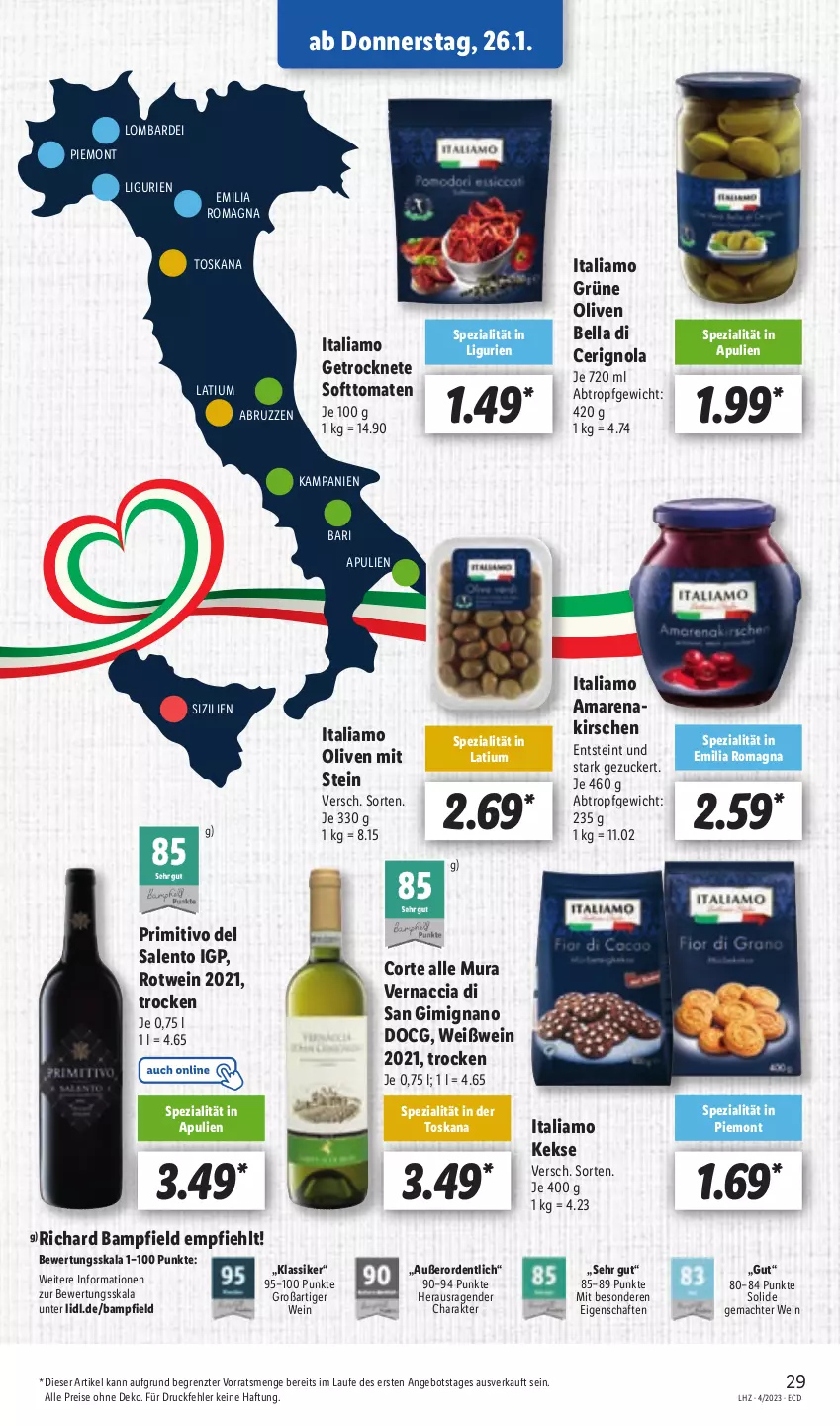 Aktueller Prospekt Lidl - Aktionsprospekt - von 23.01 bis 28.01.2023 - strona 29 - produkty: ACC, angebot, eis, grüne oliven, italiamo, keks, kekse, kirsch, kirsche, kirschen, mac, olive, oliven, primitivo, reis, rotwein, Spezi, Ti, tomate, tomaten, wein, Weißwein, ZTE, zucker