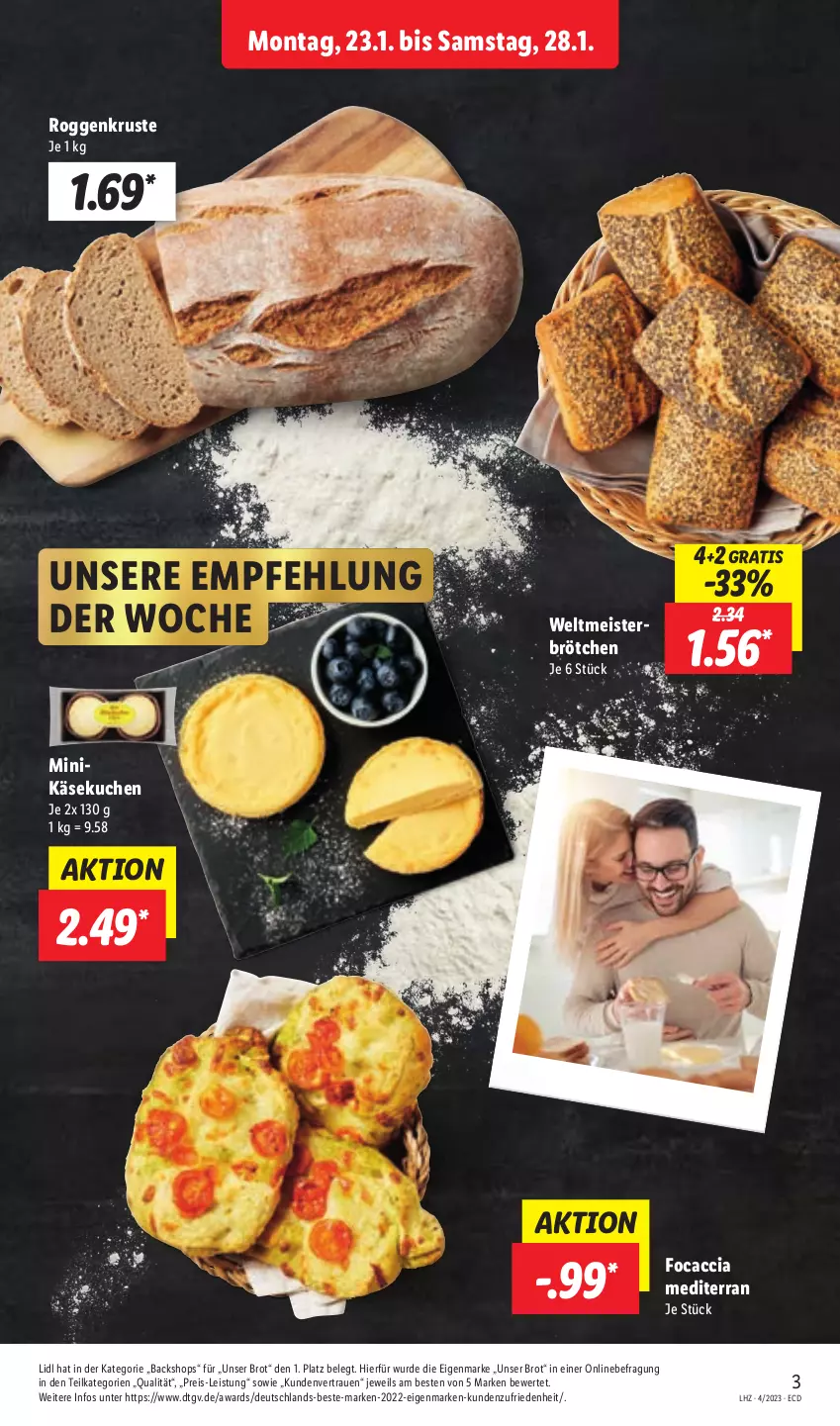 Aktueller Prospekt Lidl - Aktionsprospekt - von 23.01 bis 28.01.2023 - strona 3 - produkty: ACC, brot, brötchen, eis, Focaccia, Käse, käsekuchen, kuchen, Meister, reis, Ti