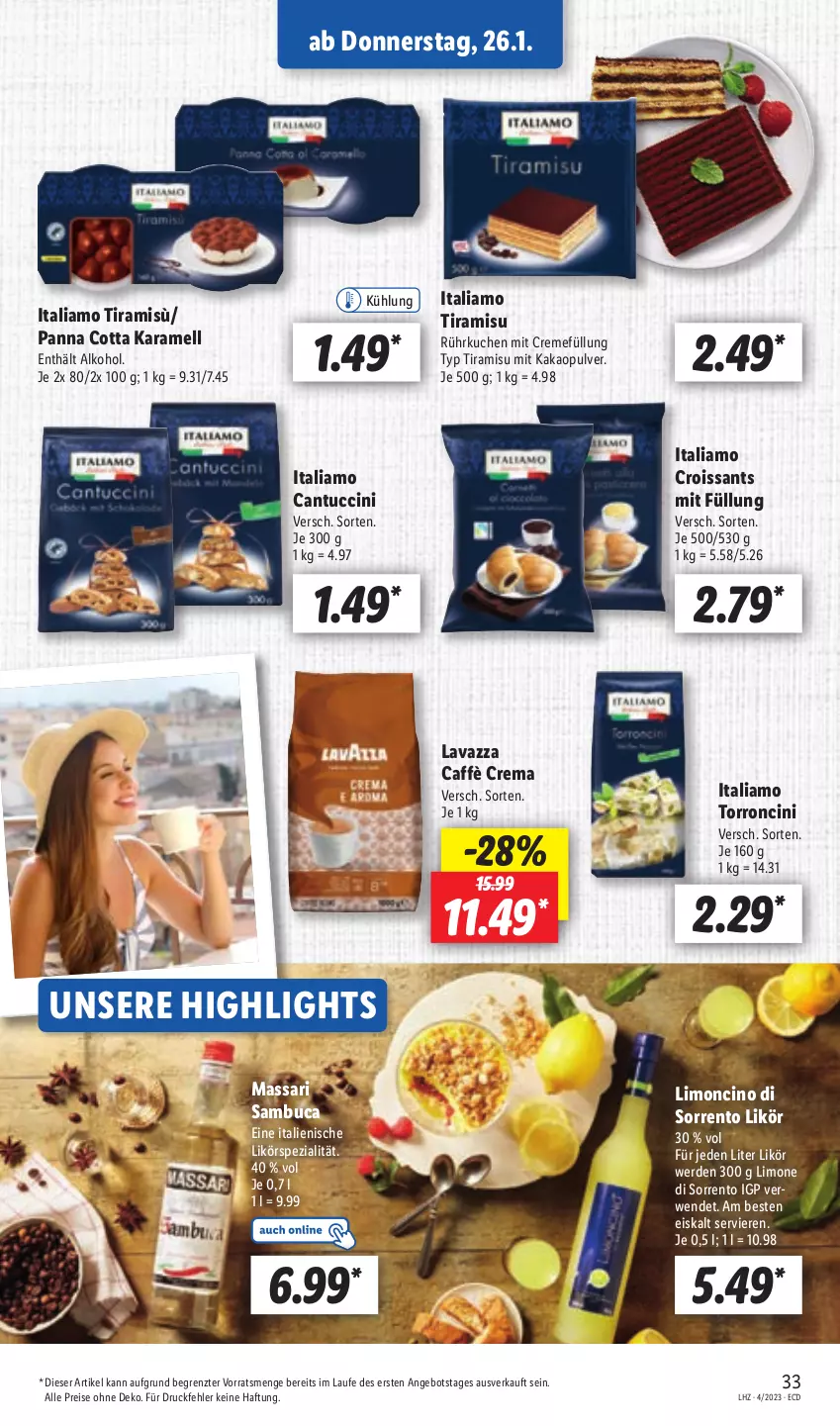 Aktueller Prospekt Lidl - Aktionsprospekt - von 23.01 bis 28.01.2023 - strona 33 - produkty: alkohol, angebot, caffè crema, cantuccini, cin, creme, Croissant, croissants, eis, erde, italiamo, kakao, karamell, kuchen, lavazza, likör, limo, panna cotta, reis, rwe, sambuca, Spezi, Ti, tiramisu, tuc, ZTE