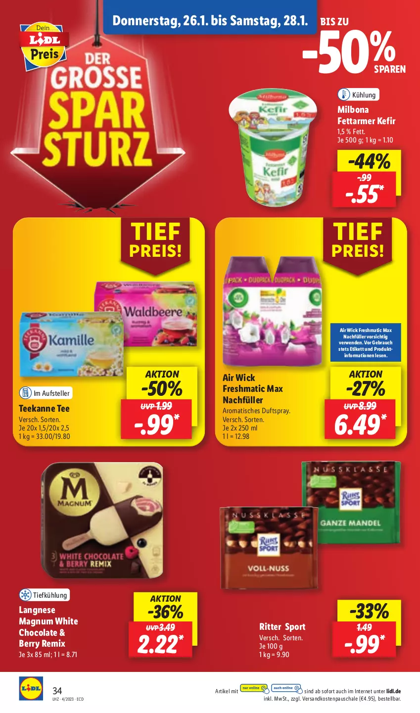 Aktueller Prospekt Lidl - Aktionsprospekt - von 23.01 bis 28.01.2023 - strona 34 - produkty: Air Wick, Bona, cola, Duftspray, eis, elle, Kefir, langnese, magnum, Milbona, ndk, Rauch, reis, ritter, ritter sport, rwe, Schal, Schale, Sport, tee, teekanne, teller, Ti, tisch, white chocolate, WICK