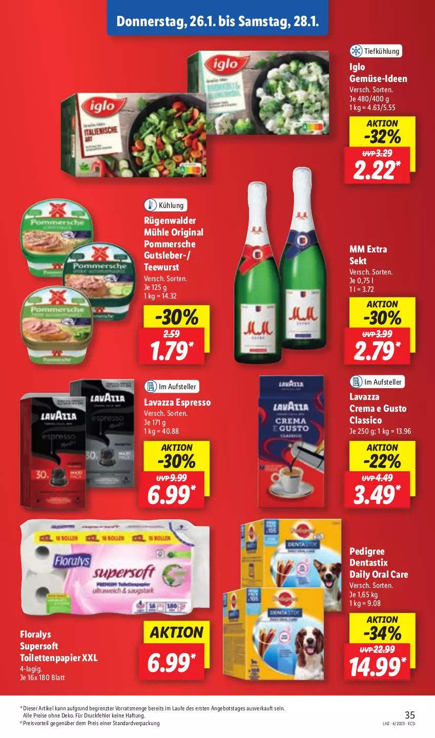 Aktueller Prospekt Lidl - Aktionsprospekt - von 23.01 bis 28.01.2023 - strona 35 - produkty: angebot, asti, classico, dentastix, eis, elle, espresso, Floralys, gin, iglo, lavazza, mm extra, papier, pedigree, Pommersche, preisvorteil, reis, rügenwalder, rügenwalder mühle, sekt, tee, teewurst, teller, Ti, toilettenpapier, wurst, ZTE