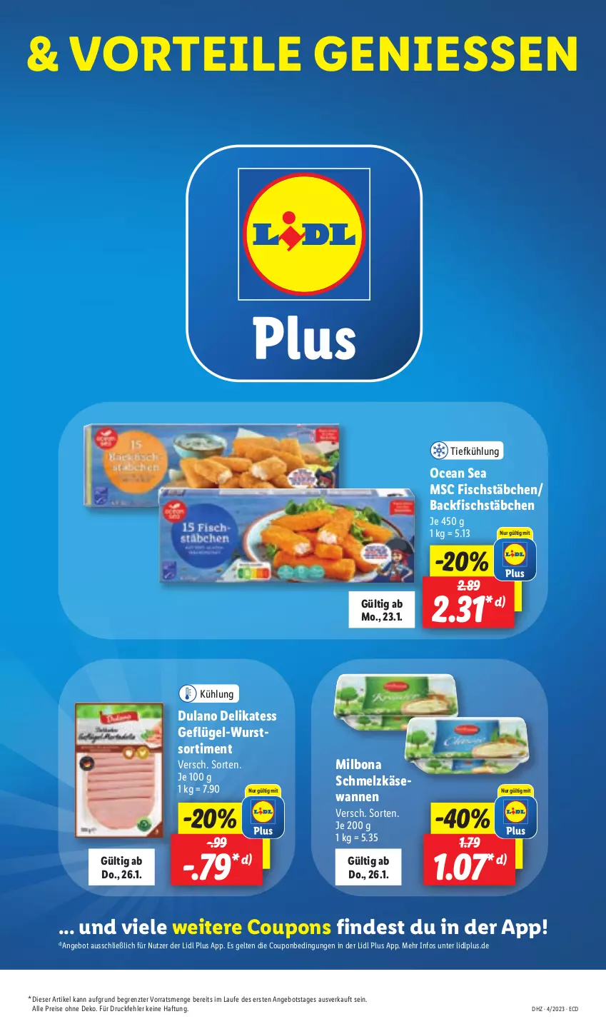 Aktueller Prospekt Lidl - Aktionsprospekt - von 23.01 bis 28.01.2023 - strona 39 - produkty: angebot, backfisch, Bona, coupon, coupons, dulano, eis, fisch, fischstäbchen, Geflügel, Käse, Milbona, reis, Schmelzkäse, Ti, Wanne, wurst, ZTE