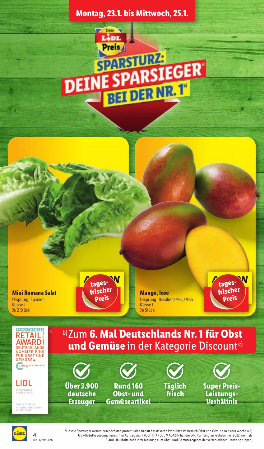 Aktueller Prospekt Lidl - Aktionsprospekt - von 23.01 bis 28.01.2023 - strona 4 - produkty: angebot, discount, eis, ente, frucht, magazin, mango, obst, Obst und Gemüse, reis, salat, Ti, und gemüse