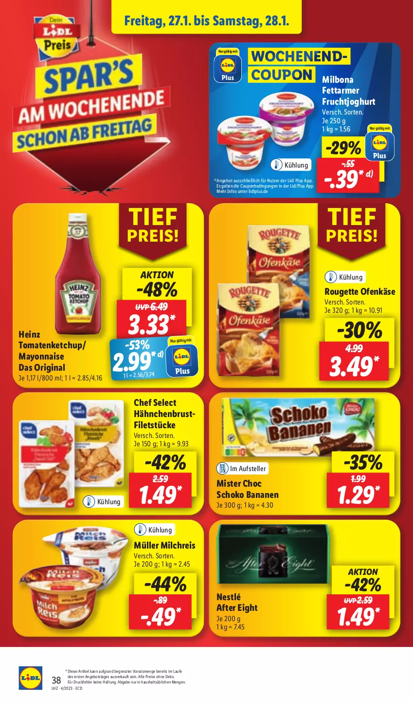 Aktueller Prospekt Lidl - Aktionsprospekt - von 23.01 bis 28.01.2023 - strona 40 - produkty: after eight, angebot, banane, bananen, Bona, brustfilet, coupon, drucker, eis, elle, Engel, filet, filets, frucht, fruchtjoghurt, gin, hähnchenbrust, hähnchenbrustfilet, heinz, joghur, joghurt, Käse, kerze, ketchup, mayonnaise, Milbona, milch, milchreis, Müller, nestlé, Ofen, Ofenkäse, papier, reis, rouge, rougette, schoko, teller, Ti, tomate, tomaten, tomatenketchup, Yo, ZTE