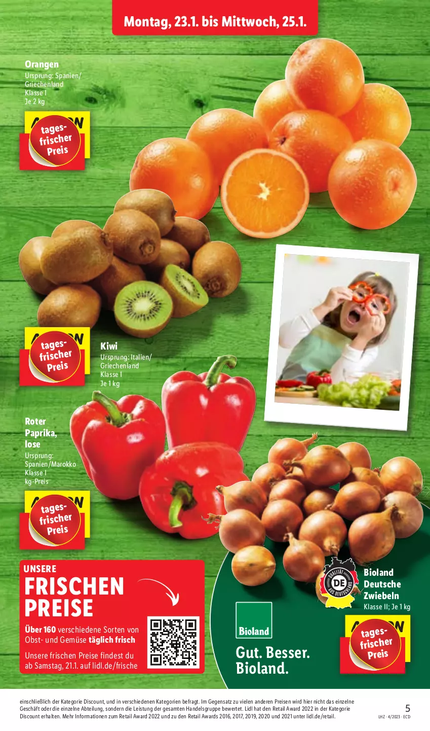 Aktueller Prospekt Lidl - Aktionsprospekt - von 23.01 bis 28.01.2023 - strona 5 - produkty: Abtei, bio, bioland, discount, eis, kiwi, obst, orange, orangen, paprika, reis, Ti, und gemüse, zwiebel, zwiebeln