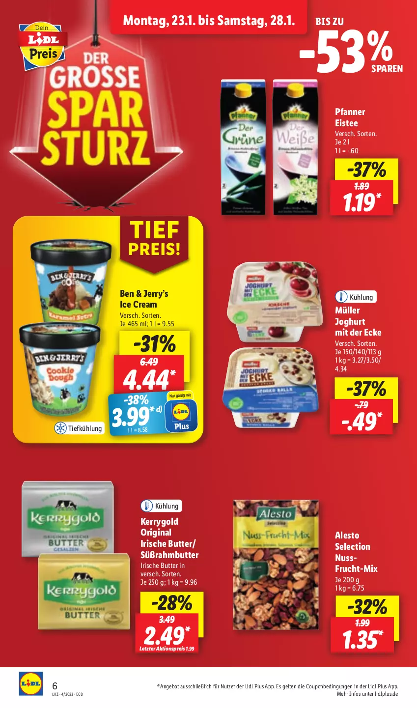 Aktueller Prospekt Lidl - Aktionsprospekt - von 23.01 bis 28.01.2023 - strona 6 - produkty: aktionspreis, alesto, angebot, butter, coupon, eis, eistee, frucht, gin, irische butter, joghur, joghurt, joghurt mit der ecke, kerrygold, Müller, nuss, pfanne, Pfanner, reis, Süßrahmbutter, tee, Ti, ZTE