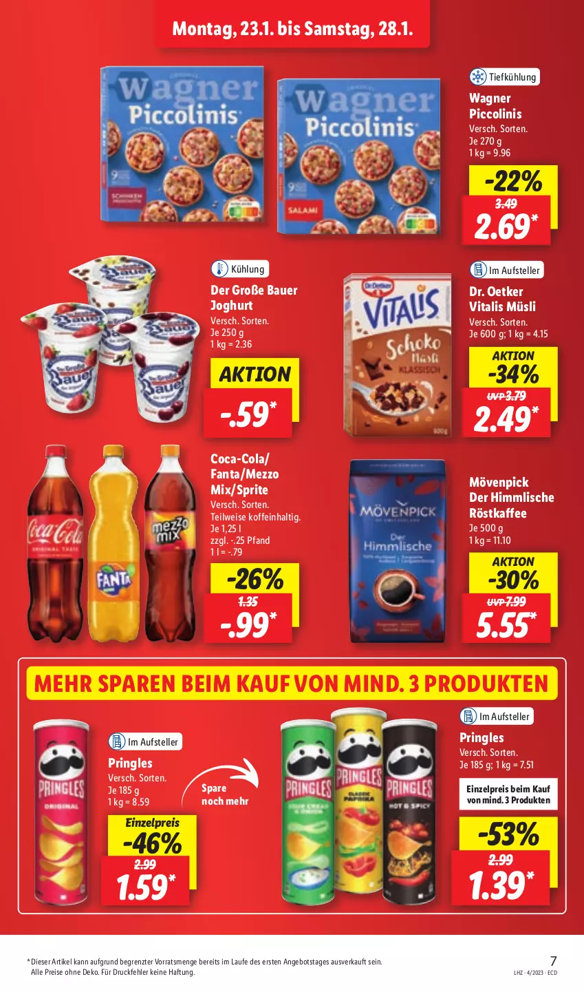 Aktueller Prospekt Lidl - Aktionsprospekt - von 23.01 bis 28.01.2023 - strona 7 - produkty: angebot, auer, Bau, Bauer, coca-cola, cola, Dr. Oetker, eis, elle, fanta, joghur, joghurt, kaffee, Mezzo Mix, mövenpick, müsli, piccolinis, pringles, reis, ring, röstkaffee, sprite, teller, Ti, vita, vitalis, vitalis müsli, wagner, ZTE