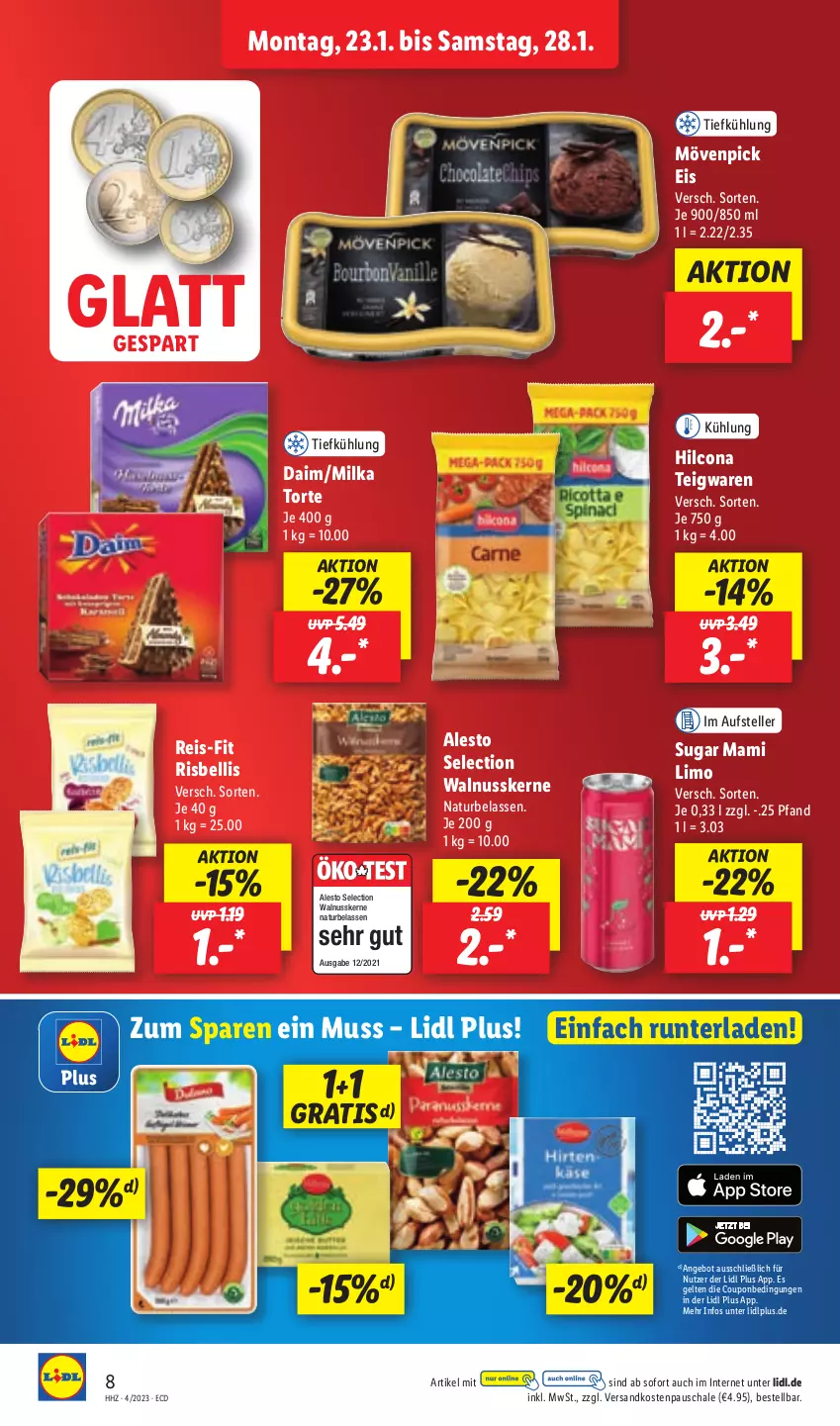 Aktueller Prospekt Lidl - Aktionsprospekt - von 23.01 bis 28.01.2023 - strona 8 - produkty: alesto, angebot, coupon, daim, eis, elle, hilcona, limo, mam, milka, mövenpick, mövenpick eis, natur, ndk, nuss, reis, reis-fit, Schal, Schale, teigwaren, teller, Ti, torte, walnuss, walnusskerne