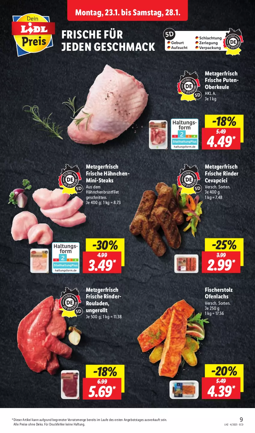 Aktueller Prospekt Lidl - Aktionsprospekt - von 23.01 bis 28.01.2023 - strona 9 - produkty: angebot, brustfilet, cevapcici, eis, filet, fisch, fische, Fischer, Frische Hähnchen, hähnchenbrust, hähnchenbrustfilet, lachs, mac, Ofen, pute, Putenoberkeule, reis, rind, rinder, Rinderroulade, rinderrouladen, rouladen, schnitten, steak, steaks, Ti, ZTE