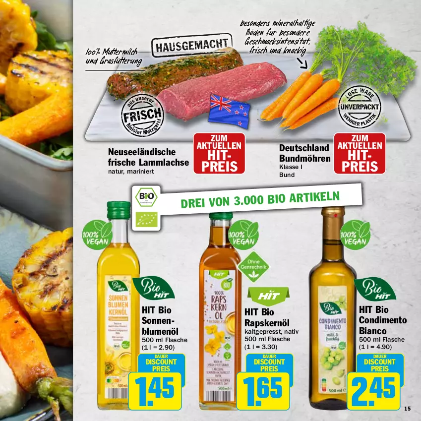 Aktueller Prospekt Hit - Wochenprospekt - von 19.05 bis 14.06.2025 - strona 15 - produkty: auer, bio, blume, blumen, blumenöl, Bundmöhren, condimento, Condimento Bianco, discount, eis, elle, flasche, lachs, lamm, lammlachse, mac, milch, möhren, natur, reis, Ti