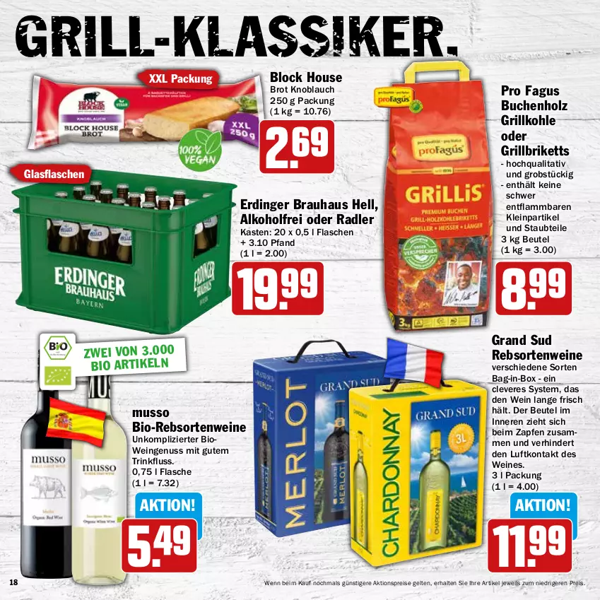 Aktueller Prospekt Hit - Wochenprospekt - von 19.05 bis 14.06.2025 - strona 18 - produkty: aktionspreis, alkohol, bag-in-box, beutel, bio, briketts, brot, buch, eis, erdinger, flasche, glasflasche, grand sud, grill, grillbriketts, Grillkohle, Holz, knoblauch, lamm, nuss, obst, oder radler, radler, rebsortenweine, reis, Ti, wein, weine