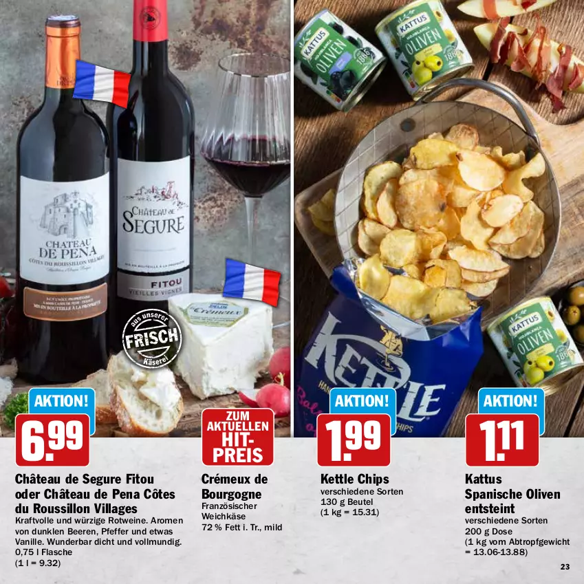 Aktueller Prospekt Hit - Wochenprospekt - von 19.05 bis 14.06.2025 - strona 23 - produkty: beere, beeren, beutel, Bourgogne, chips, Côtes du Roussillon, eis, elle, flasche, französischer weichkäse, Käse, olive, oliven, pfeffer, reis, rotwein, Ti, vanille, weichkäse, wein, weine