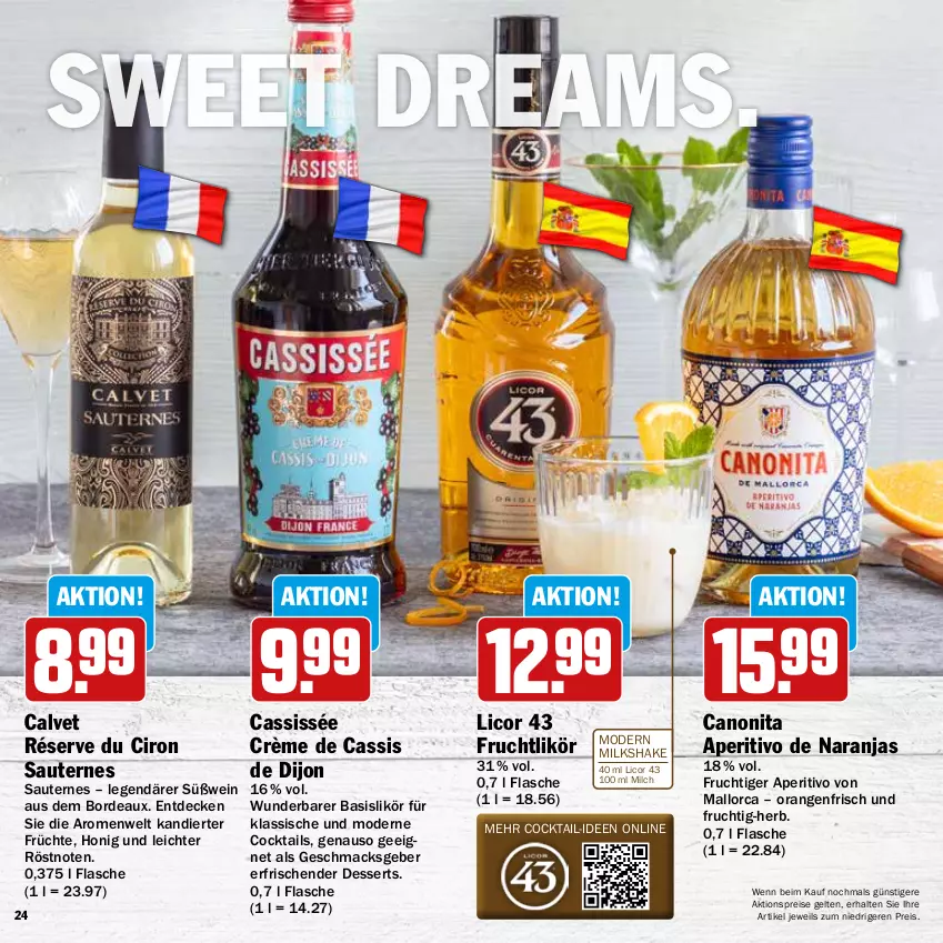 Aktueller Prospekt Hit - Wochenprospekt - von 19.05 bis 14.06.2025 - strona 24 - produkty: aktionspreis, canon, cassis, cocktail, cocktails, decke, dessert, desserts, eis, flasche, frucht, früchte, honig, licor, licor 43, likör, mac, milch, Mode, orange, orangen, reis, Sauternes, shake, Ti, wein