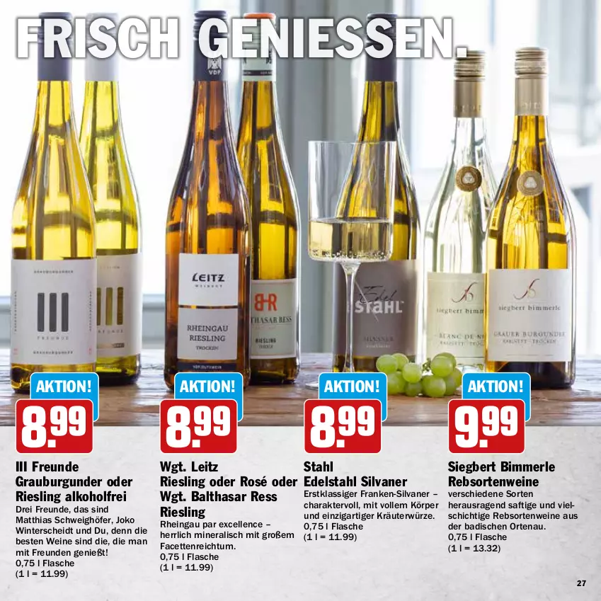 Aktueller Prospekt Hit - Wochenprospekt - von 19.05 bis 14.06.2025 - strona 27 - produkty: alkohol, Bad, burgunder, edelstahl, elle, flasche, grauburgunder, kräuter, leitz, merl, rebsortenweine, riesling, saft, silvaner, Ti, wein, weine