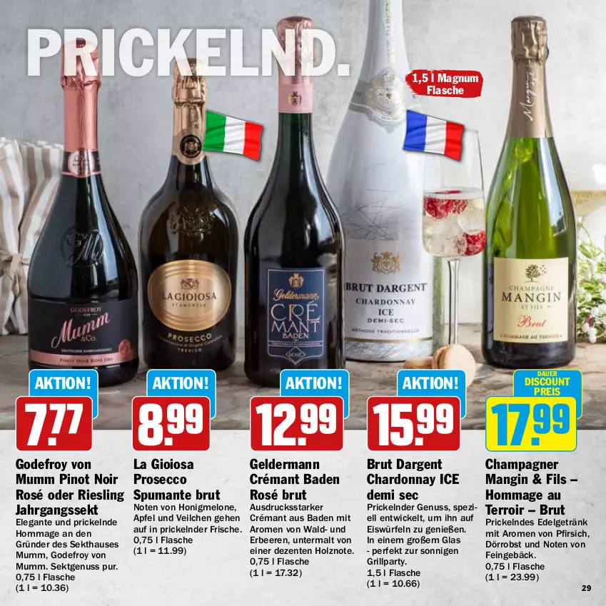 Aktueller Prospekt Hit - Wochenprospekt - von 19.05 bis 14.06.2025 - strona 29 - produkty: apfel, auer, Bad, beere, beeren, brut, brut dargent, champagne, champagner, chardonnay, discount, ecco, eis, eiswürfel, ente, flasche, geldermann, getränk, gin, grill, Holz, honig, honigmelone, jahrgangssekt, La Gioiosa, LG, magnum, melone, mumm, nuss, obst, pfirsich, Pinot, pinot noir, prosecco, puma, reis, riesling, sekt, Spezi, spumante, Ti, WICK, würfel