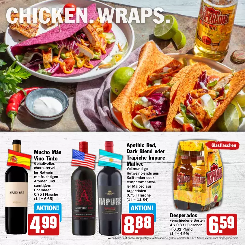 Aktueller Prospekt Hit - Wochenprospekt - von 19.05 bis 14.06.2025 - strona 4 - produkty: aktionspreis, desperados, eis, flasche, frucht, glasflasche, mit frucht, reis, rotwein, Ti, wein, wrap, wraps