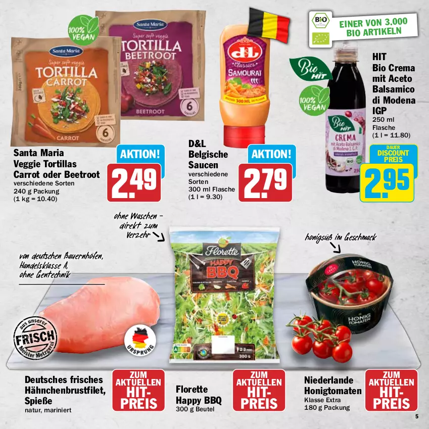 Aktueller Prospekt Hit - Wochenprospekt - von 19.05 bis 14.06.2025 - strona 5 - produkty: aceto, aceto balsamico, auer, balsam, balsamico, Bau, Bauer, beutel, bio, brustfilet, discount, eis, elle, ente, filet, flasche, florette, hähnchenbrust, hähnchenbrustfilet, honig, Honigtomaten, LG, mac, Mode, natur, reis, Ria, sauce, saucen, Ti, tomate, tomaten, tortilla, tortillas, veggie