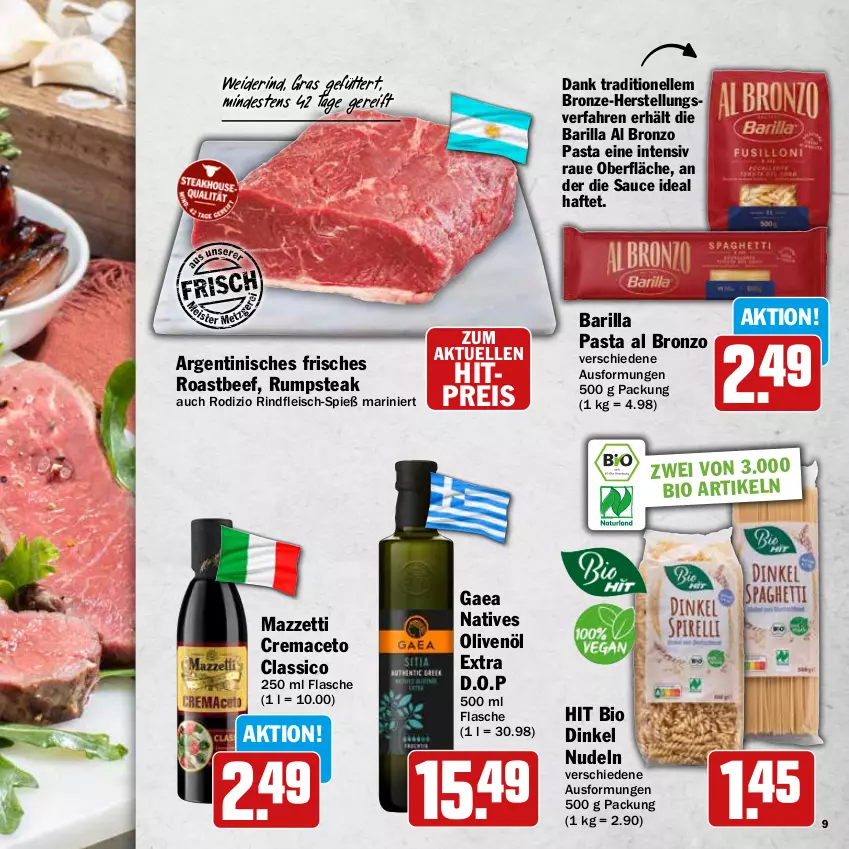 Aktueller Prospekt Hit - Wochenprospekt - von 19.05 bis 14.06.2025 - strona 9 - produkty: aceto, barilla, beef, bio, classico, eis, elle, flasche, fleisch, mac, natives olivenöl, nudel, nudeln, olive, oliven, olivenöl, olivenöl extra, pasta, reis, rind, rindfleisch, roastbeef, rum, rumpsteak, sauce, steak, Ti
