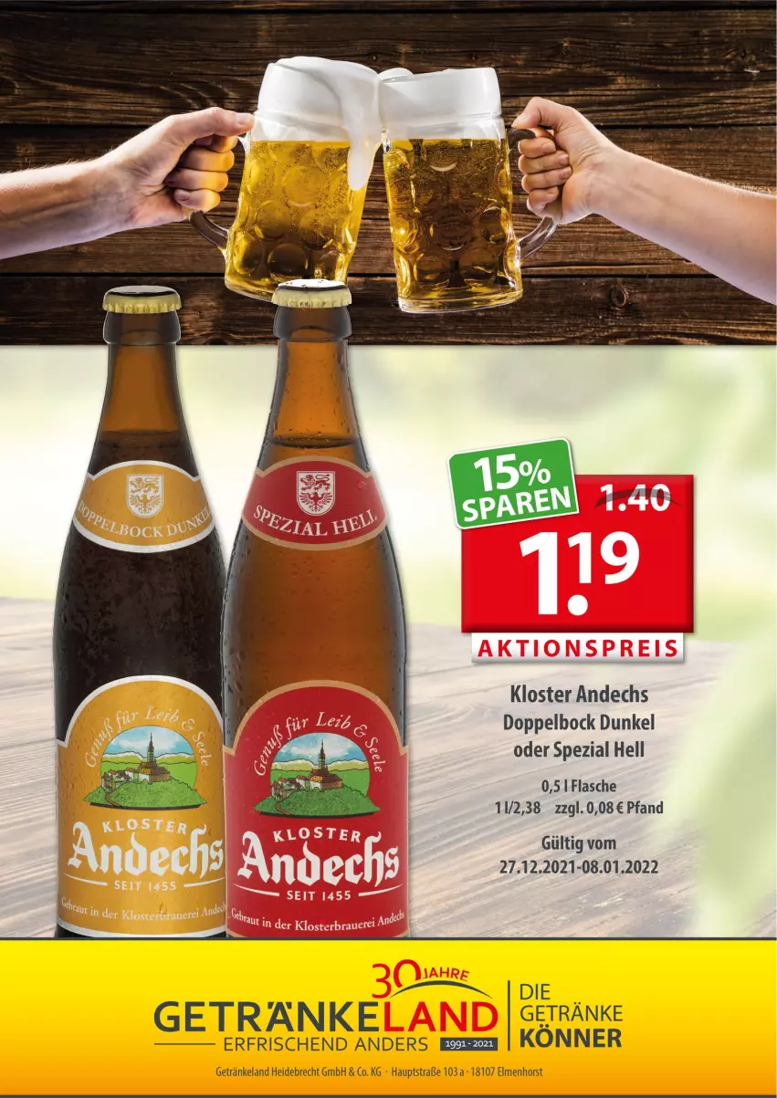 Aktueller Prospekt Getraenkeland - von 27.12.2021 bis 08.01.2022 - strona 7 - produkty: Elan, flasche, getränk, getränke, Kloster Andechs, Spezi, Ti