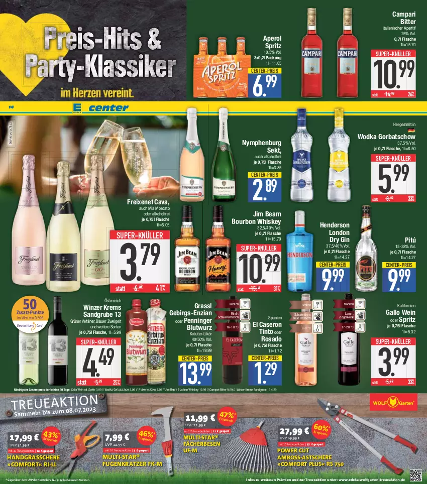 Aktueller Prospekt E Center - Angebote der Woche - von 12.06 bis 17.06.2023 - strona 14 - produkty: alkohol, aperitif, aperol, auer, blauer zweigelt, Bona, boss, bourbon, bourbon whiskey, bürste, campari, Cava, deka, dessert, desserts, dry gin, eis, elle, enders, ente, flasche, fleisch, freixenet, Fugenbürste, gallo, Garten, Gartenschere, gin, Gorbatschow, Grasschere, grüner veltliner, handschuhe, jim beam, Käse, kräuter, lamm, likör, london dry, london dry gin, Penninger Blutwurz, reis, rind, Schal, Schale, Schere, schuhe, schwein, schweine, schweinefleisch, sekt, super-knüller, teller, Ti, Tiere, wein, weine, whiskey, wodka, wolfgarten, ziegenkäse, ZTE, Zweigelt