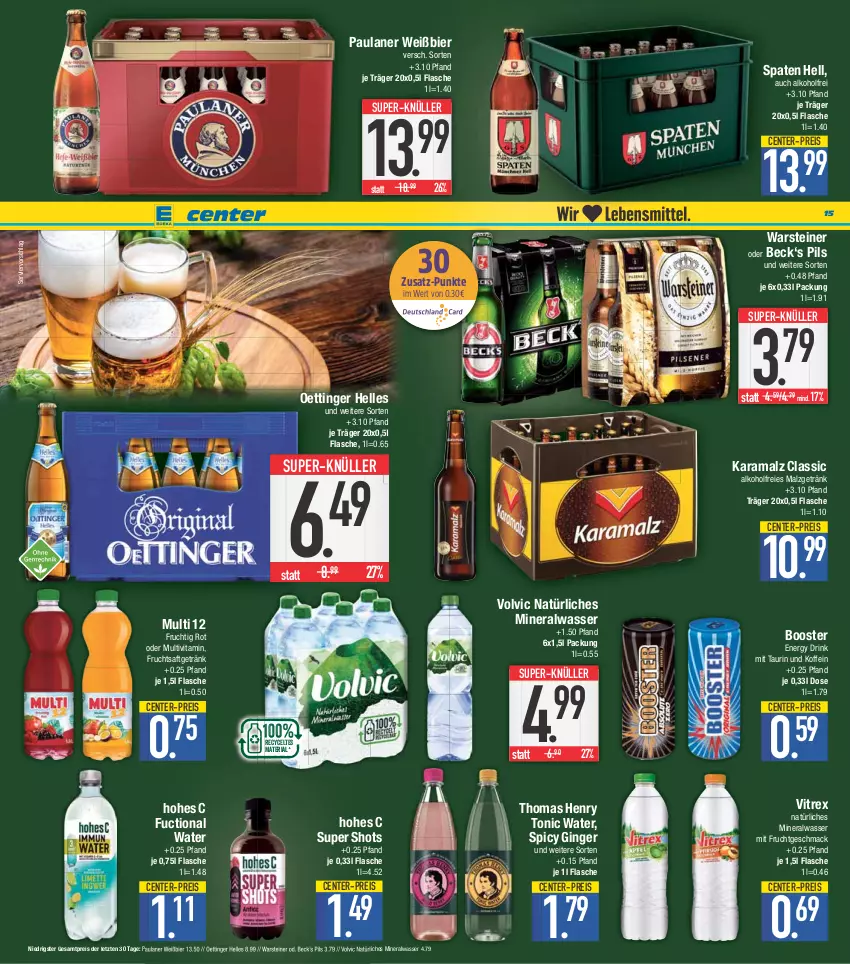 Aktueller Prospekt E Center - Angebote der Woche - von 12.06 bis 17.06.2023 - strona 15 - produkty: alkohol, Alwa, bier, decke, Deckel, deka, drink, eis, elle, energy drink, ente, flasche, frucht, fruchtsaft, fruchtsaftgetränk, Garten, getränk, gin, ginger, Hohes C, karamalz, mac, malz, mineralwasser, mit frucht, natürliches mineralwasser, oettinger, Paula, paulaner, pils, rama, reis, Ria, saft, Spaten, steiner, super-knüller, thomas henry, Ti, tonic, tonic water, vita, vitrex, volvic, volvic natürliches, warsteiner, wasser, wolfgarten, ZTE