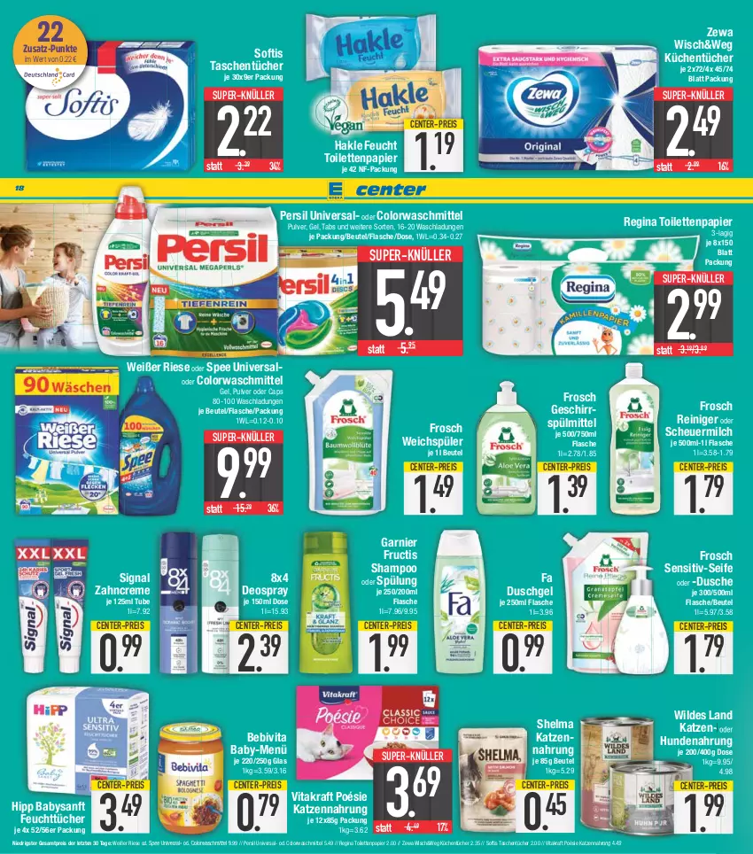 Aktueller Prospekt E Center - Angebote der Woche - von 12.06 bis 17.06.2023 - strona 18 - produkty: bebivita, beutel, Cap, colorwaschmittel, creme, deo, deospray, dusche, duschgel, eis, ente, fa duschgel, feuchttücher, flasche, Frosch, fructis, garnier, geschirr, geschirrspülmittel, gin, hakle, Heu, hipp, hundenahrung, katzennahrung, kraft, küche, Küchen, küchentücher, milch, papier, persil, reiniger, reis, scheuermilch, Seife, shampoo, shampoo oder spülung, Signal, spee, spülmittel, spülung, super-knüller, Tasche, taschen, taschentücher, Ti, toilettenpapier, tücher, vita, vitakraft, waschmittel, weichspüler, Wild, zahncreme, zewa, ZTE