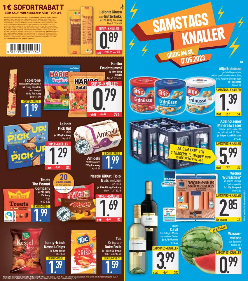 Aktueller Prospekt E Center - Angebote der Woche - von 12.06 bis 17.06.2023 - strona 19 - produkty: adelholzener, Alwa, amicelli, beutel, butter, butterkeks, chips, eis, ente, erdnüsse, flasche, frucht, fruchtgummi, funny-frisch, gewürz, haribo, Holz, honig, im zarten saitling, keks, kitkat, leibniz, lion, mandel, mandeln, melone, merl, merlot, mineralwasser, natur, nestlé, Ofen, Pick Up!, Pinot, pinot grigio, reis, rel, salz, schoko, schokolade, spitzenqualität, super-knüller, Ti, toblerone, tuc, ültje, ültje erdnüsse, Waffelröllchen, wasser, wassermelone, wiener, wiener würstchen, würstchen, ZTE