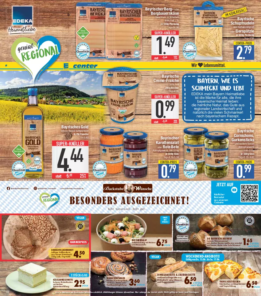 Aktueller Prospekt E Center - Angebote der Woche - von 12.06 bis 17.06.2023 - strona 8 - produkty: angebot, angebote, auer, baguette, Bau, Bauer, Becher, brot, ciabatta, creme, deka, dinkelmehl, eier, eierspätzle, eis, ente, flasche, gurke, gurken, hartweizen, karotten, Käse, korn, Kornbrot, kuchen, mehl, melone, melonen, mozzarella, natur, nudel, nudeln, nuss, Plunder, pudding, quark, rapsöl, reis, rel, rezept, rote bete, saft, sahne, salat, salz, Semmel, sesam, snack, stube, super-knüller, Ti, vanille, vollkornbrot, Weizensemmel, ZTE