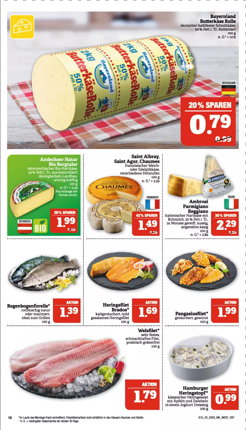 Aktueller Prospekt Marktkauf - Prospekt - von 13.08 bis 19.08.2023 - strona 10 - produkty: albray, andechser natur, Bau, bio, burger, butter, chaumes, dressing, eis, elle, filet, fisch, fleisch, forelle, frischfisch, gewürz, grill, hamburger, hartkäse, hering, Herings, ideal zum grillen, italienischer hartkäse, joghur, joghurt, Käse, mac, milch, natur, nuss, parmigiano, parmigiano reggiano, reggiano, reis, rel, ring, Saint Agur, saint albray, salat, salz, tee, Ti, tisch, topf, trolli, Wels, ZTE, zwiebel, zwiebeln