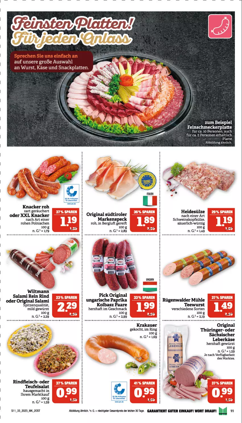 Aktueller Prospekt Marktkauf - Prospekt - von 13.08 bis 19.08.2023 - strona 11 - produkty: auer, Bau, eis, feinschmecker, fleisch, gewürz, gin, Käse, knacker, krakauer, latte, lebensmittel, leberkäs, leberkäse, mac, reis, rind, rindfleisch, ring, salami, salat, schwein, snack, Speck, südtiroler, tee, teewurst, Ti, wein, wiltmann, wurst, ZTE