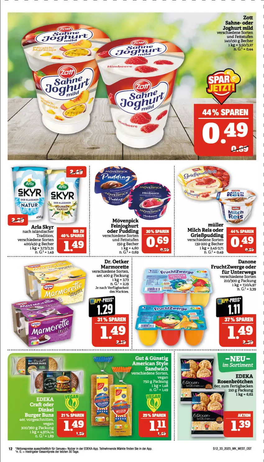 Aktueller Prospekt Marktkauf - Prospekt - von 13.08 bis 19.08.2023 - strona 12 - produkty: aktionspreis, arla, arla skyr, auer, Becher, beere, danone, deka, Dr. Oetker, eis, frucht, fruchtzwerge, Grießpudding, himbeer, himbeere, joghur, joghurt, joghurt mild, marmorette, milch, mövenpick, Müller, natur, nuss, pudding, reis, rwe, sahne, schnitten, Skyr, Ti, vanille, zott, ZTE